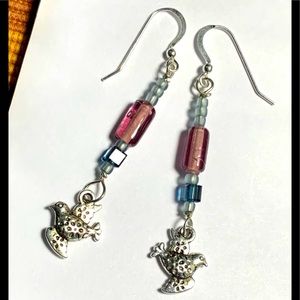 Silver Bird Earrings with Gray & Mauve